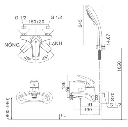 Bản vẽ kỹ thuật Vòi sen tắm nóng lạnh INAX BFV-3003S-3C